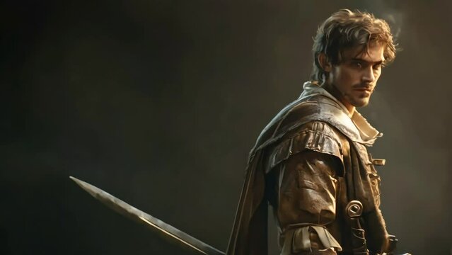 a handsome man carrying a sword with an isolated background