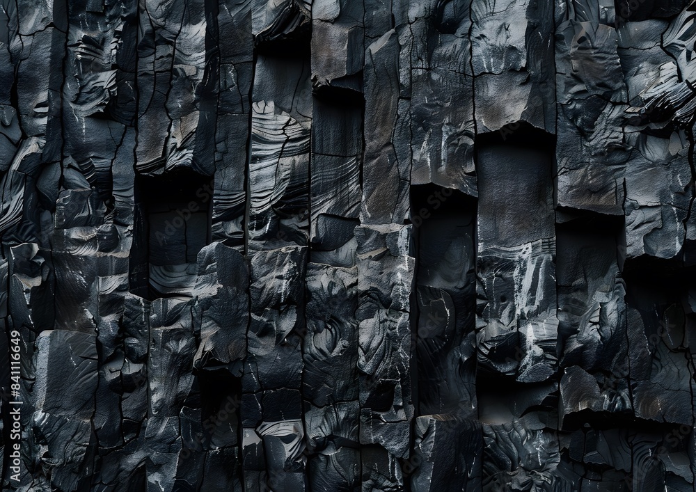 Wall mural Black Basalt Rock Cliff Texture, Rugged Surface