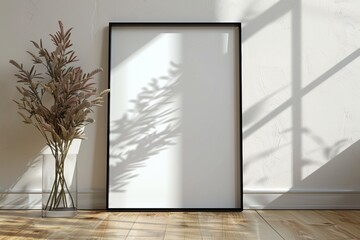 Poster frame mockup on wooden floor created with Generative AI