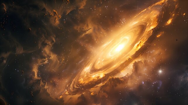 Golden Galaxy with Spiral Arms and Nebulae