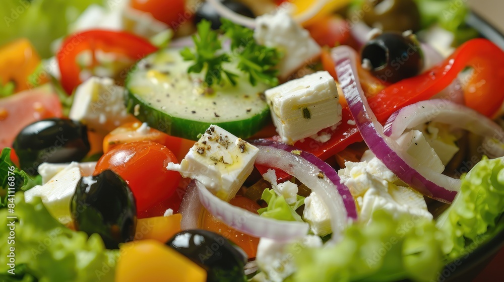 Wall mural mixed salad with feta cheese tomato olives bell pepper and onion