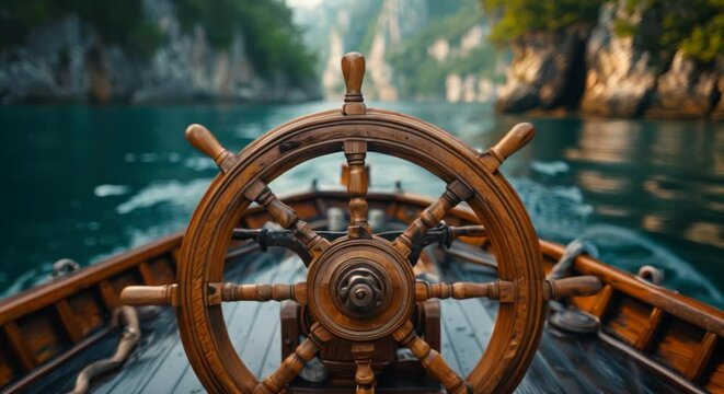 A captain's wheel with a blurred sea horizon, symbolizing steering and direction
