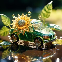 close-up portrait of beautiful sunflowers with miniature cars and splashing water droplets