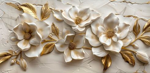 3d wallpaper with white and gold magnolia flowers, decorative painting style in the style of relief sculpture art, marble background, floral mural