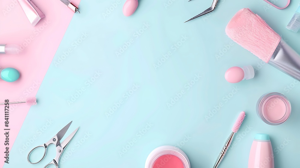 Wall mural Modern Minimalistic Manicure Shop Background with Flying Nail Files, Gel Polish, Scissors, and Flashy Website Design Elements