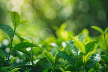 Close-up view of vibrant green tea leaves with a blurred plantation background under natural sunlight