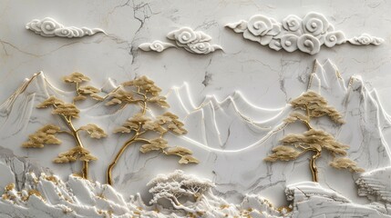 Japanese style stucco molding on the wall, mountains, pine trees with gold leafing, ocean covered in clouds, 3d relief painting art