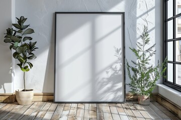 Poster frame mockup on wooden floor created with Generative AI