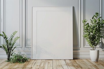Poster frame mockup on wooden floor created with Generative AI