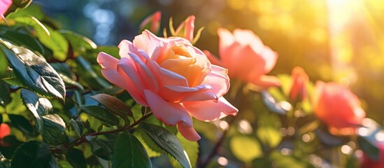 Beautiful light yellow rose flowers are in the garden