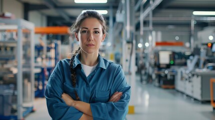 Female engineer leading a team briefing in a high-tech manufacturing plant
