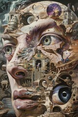 A detailed artistic depiction of face composed of cosmic and mechanical elements. surreal artistic representation of face with elements of space and architecture