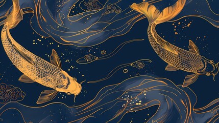 Traditional blue and gold line koi illustration poster background