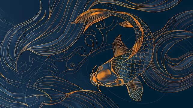 Traditional blue and gold line koi illustration poster background
