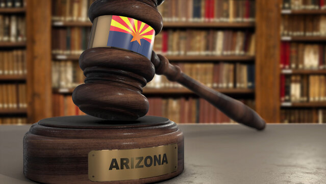 Arizona Flag on Judge Gavel or Hammer in Court with State Name. Legal System 3D Illustration