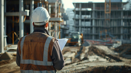 Engineer with Architectural Plans on Active Construction Site