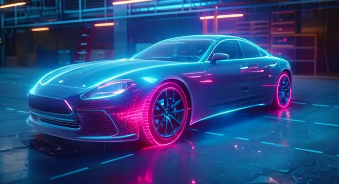 Augmented reality in vehicle design, car blueprint hologram in a studio, automotive background with left