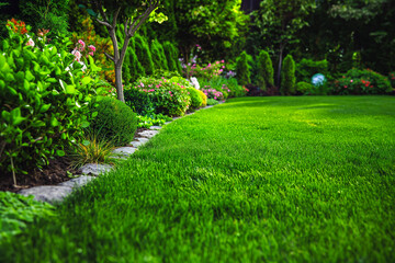 Naklejka premium Beautiful manicured lawn and flowerbed with deciduous shrubs on plot or Park outdoor. Green lawn closely mowed as grass background.