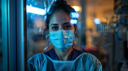 Candid editorial photograph showcasing a woman doctor prepared for surgery in an emergency room, conveying professionalism and urgency