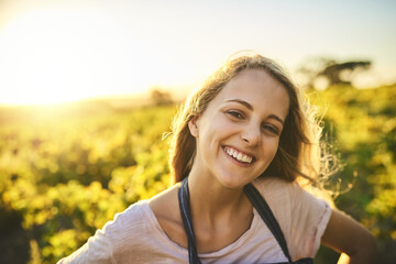 Environment, farming and portrait of woman with smile for agriculture, growth and production in...