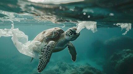 Fototapeta premium a sea turtle trapped in a white plastic bag in the ocean