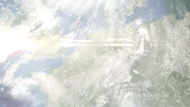 Earth zoom in from space and focus on Willich, Germany. 3D style Animation. Satellite view. Background for travel intro, blog. Images from NASA.
