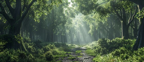 Serene forest scene with sunlight filtering through trees, casting shadows on a mossy path, creating a tranquil natural atmosphere.