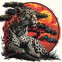 A leopard is sitting on a tree branch in front of a sunset