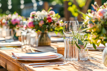 Beautiful table setting with flowers and cutlery on wooden table at wedding or dinner. stylish tableware decorations