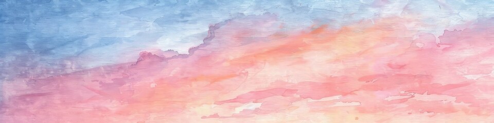 A soft, watercolor painting of a pastel pink and blue sunset sky with fluffy clouds, banner
