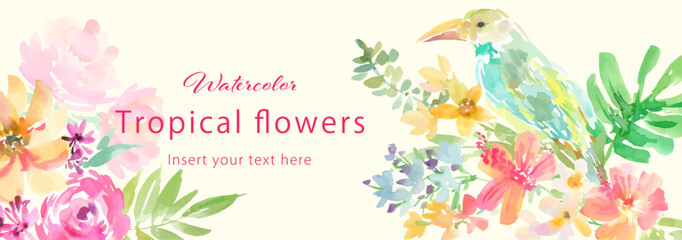 Vector illustration banner of abstract tropical flowers, monstera, hibiscus, and toucan painted in watercolor