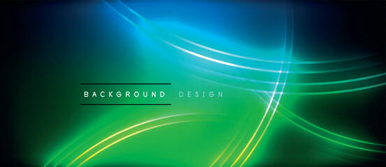 Neon glowing circle rays, light round lines in the dark, planet style neon wave lines. Energetic electric concept design for wallpaper, banner, background