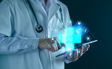 Medical AI technology, doctor use AI for diagnosis, care, health and increasing accuracy patient treatment in future. Medical research and development innovation technology to improve healthcare