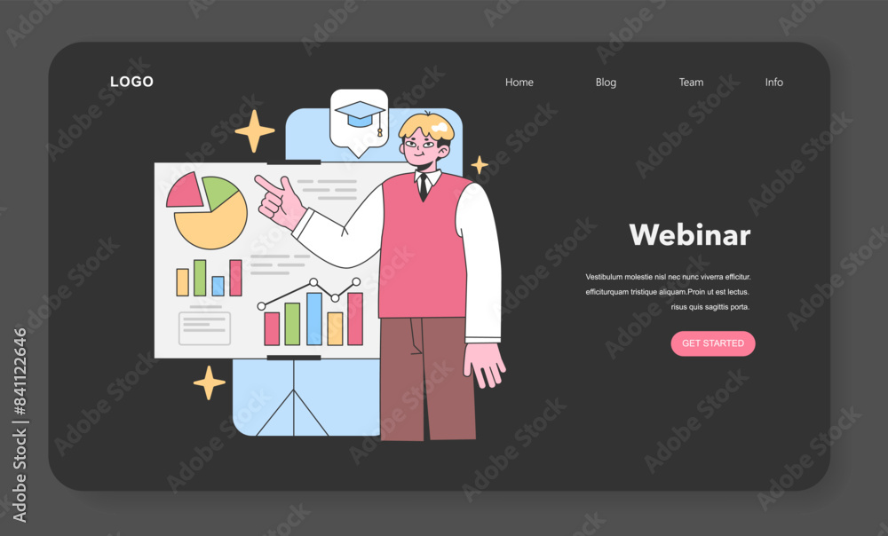 Poster confident educator explaining data charts on a presentation board. flat vector illustration.
