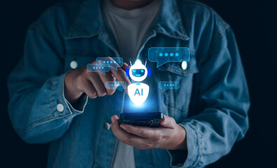 AI chat bot technology concept, business man using technology smart robot AI Intelligence, command...