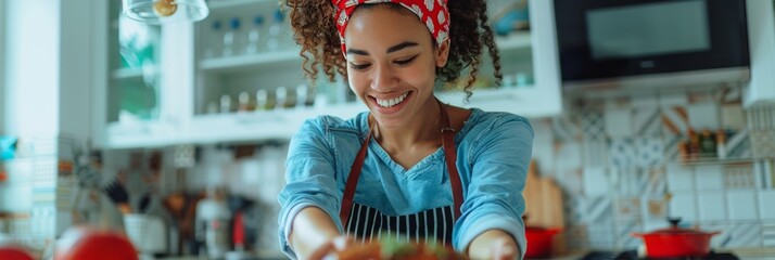 Young Black Woman Prepares Turkey in Modern Kitchen Using Smart Cooking Device, Radiating Happiness on National Turkey Lovers Day - Powered by Adobe