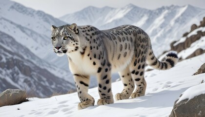 Fototapeta premium A snow leopard walking through the snowy mountains, its grey and white spotted fur blending in with the winter landscape. The leopard has piercing yellow eyes and a focused expression as it navigates 