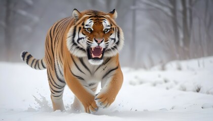 Fototapeta premium A large adult Siberian tiger running through snow, with its mouth open and eyes focused. The tiger has an orange and black striped coat and appears to be in a snowy, mountainous environment