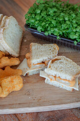 Close up of sandwich slices with cheese on wooden cutting board