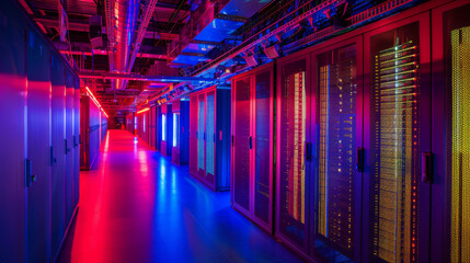 Red And Blue Lit Server Room Hallway With Rows Of Data Servers