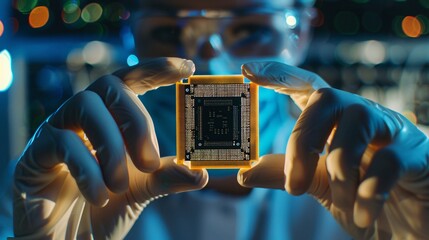 Close-up of a professional scientist holding a modern microprocessor chip. Scientific laboratory environment focused on the research and development of microelectronics and processors. 