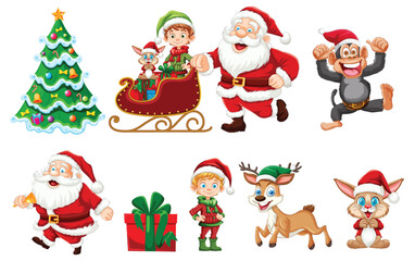Santa, elves, reindeer, and Christmas tree illustration