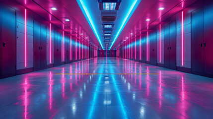 Neon Pink and Blue Lighting Reflecting in Empty Hallway