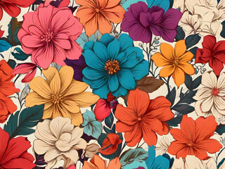 Fototapeta premium seamless background with flowers art, illustration, wallpaper, decoration, spring, summer, plant, texture, leaf, hibiscus, ornament, Ai generated 
