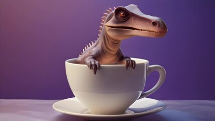 A whimsical 3D render of a friendly dinosaur perched inside a teacup. This quirky and fun image is perfect for designs that embrace the unexpected and playful side of prehistoric creatures.