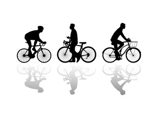 Obraz premium Cycling silhouette. Set of silhouettes of people riding bicycles. Young man walking with bicycle side view. Good use for symbols, logos, mascots, icons, signs, webs, or any design you want.