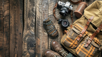 Hiking and Camping Equipment on Wooden Background