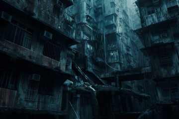 City ruins intertwined with remnants of futuristic architecture. architectural elements with the haunting atmosphere
