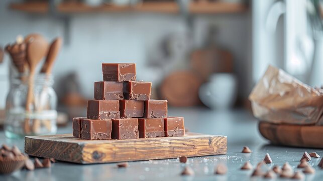 Celebrating National Fudge Day: A Stack of Neatly Wrapped Fudge Pieces on a Bright Kitchen Counter