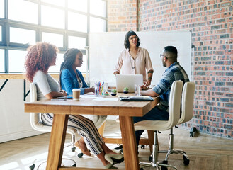 Whiteboard, meeting and business people in office for brainstorming, planning and discussion. Diversity, creative agency and men and women win boardroom for teamwork, presentation and collaboration